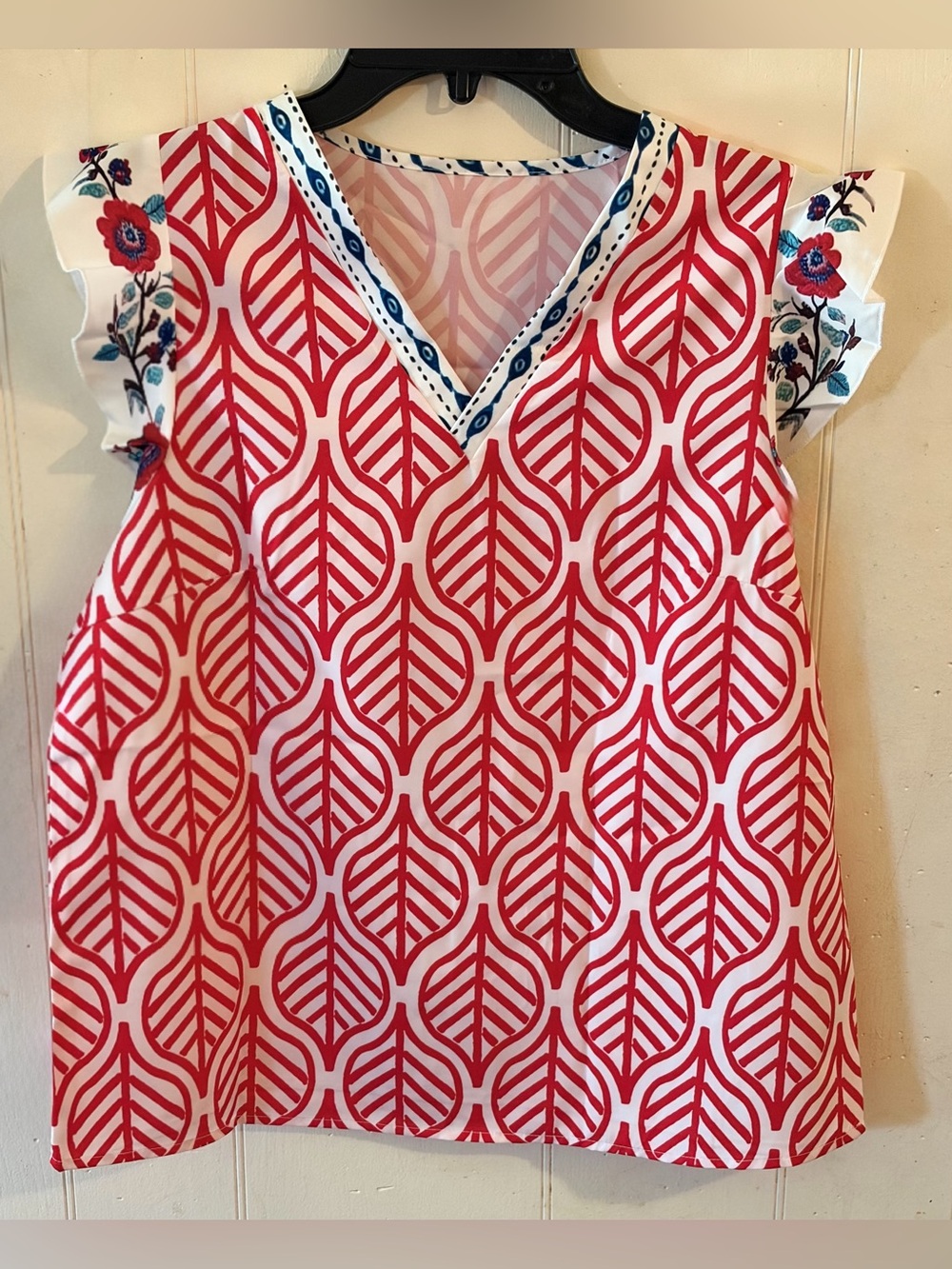 Women’s Red Leaf-Print V-Neck Top with Embroidered Flutter Sleeves